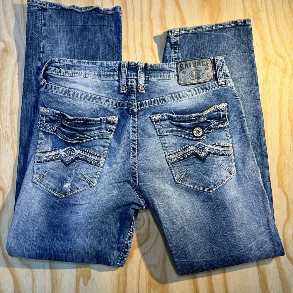 Salvage Men's Mayhem Boot Regular Fit Distressed Buckle Denim Jeans Size 34x32